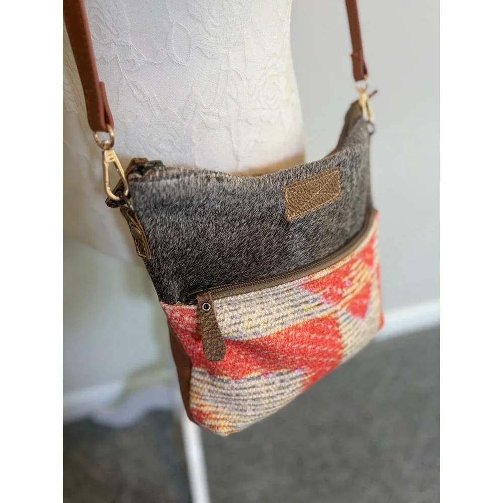Myra Bag Cowhide Hair Aztec Canvas Crossbody Bag~Geometric Aztec BOHO Cowgirl